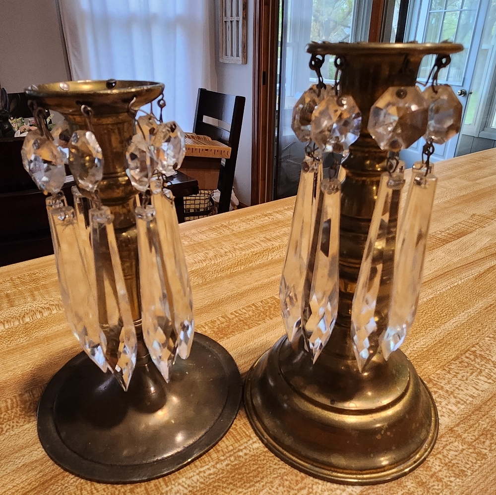 Antique Brass Candle Holders with Crystal Accents